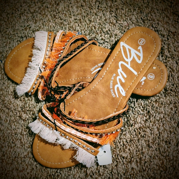 Blue Women's Tan and Orange Sandals - Picture 1 of 6